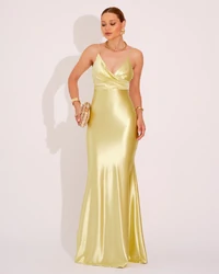 Vestido de Festa Longo Malha Cetim Busto Drapeado Saia Sereia Verde Lima