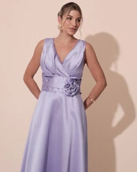 Vestido de Festa Longo Plus Size Zibeline Faixa e Flor Lilás