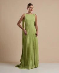 Vestido de Festa Longo Crepe Chiffon Plissado com Lenço nas Alças Verde Garden