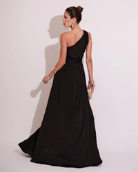 Vestido Longo um Ombro com Busto Blousê e Fenda Preto