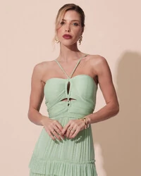 Vestido de Festa Longo Tule com Saia Babado Verde Lima