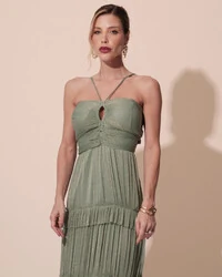 Vestido de Festa Longo Tule com Saia Babado Verde Oliva
