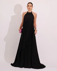 Vestidos de Festa Longo Chiffon Fluido Frente Única Plissado Duplo Preto