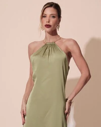 Vestido de Festa Longo Cetim Fluido com Argola Frente Única Verde Pistache