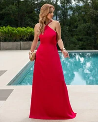 Vestido Longo de Cetim com Decote Triangular e Amarração nas Costas Degagê Pink Escuro