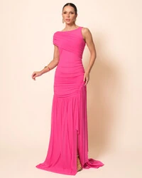 Vestido de Festa Longo Tule Faixa Detalhe Drapeado Pink