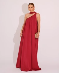 Vestido de Festa Longo Crepe Fluido um Ombro Só com Lenço Marsala