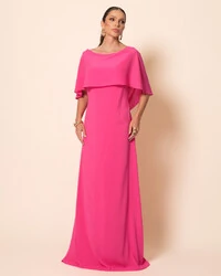 Vestido de Festa Longo Crepe Chiffon com Capa e Degagê nas Costas Pink New