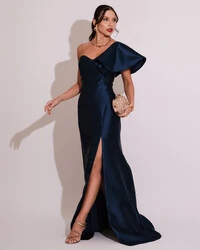 Vestido de Festa Longo um Ombro Tomara que Caia Zibeline Azul Marinho