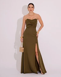 Vestido de Festa Longo Tomara que Caia Alfaiataria Verde Oliva