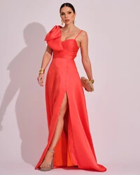 Vestido de Festa Longo em Zibeline com Laço Removível Laranja