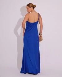 Vestido de Festa Longo em Cetim Fluido um Ombro Só Azul Royal