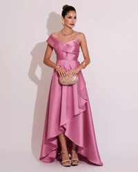 Vestido de Festa Longo Zibeline um Ombro Só Mullet Rosa