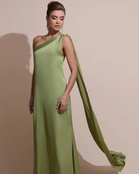 Vestido de Festa Longo Cetim Fluido Um Ombro Só Verde Pistache