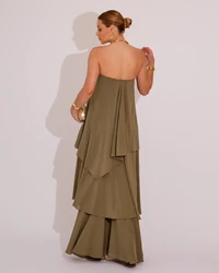 Vestido de Festa Longo Tomara que Caia em Camadas Verde Oliva