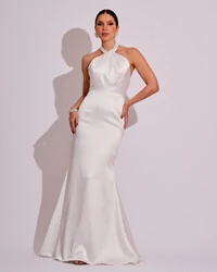 Vestido de Festa Longo em Cetim Alfaiataria com Elastano Frente Única Branco