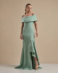 Vestido de Festa Longo Alfaiataria Ombro a Ombro com Babado Cascata Verde Menta