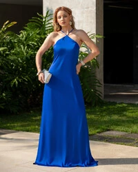 Vestido Longo de Cetim com Decote Triangular e Amarração nas Costas Degagê Azul Royal