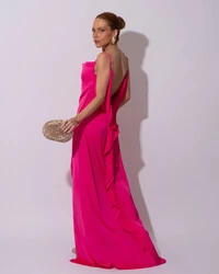 Vestido de Festa Longo Babado Costas Cetim Fluido e Fenda Pink