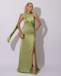 Vestido de Festa Longo Cetim Alfaiataria Tomara que Caia com Faixa Lenço Verde Pistache