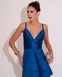 Vestido de Festa Longo Zibeline em Camadas Decote em V com Alças Azul Royal