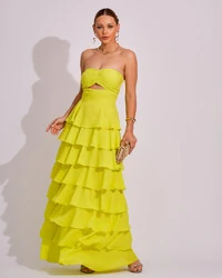 Vestido Longo Crepe Chiffon Tomara que Caia Plissado em Camadas Verde Lima