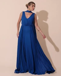 Macacão de Festa Longo Crepe Pantalona Plissado e Lenço Azul Royal