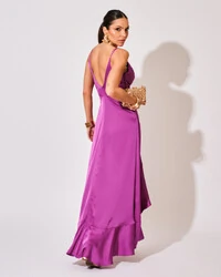 Vestido Midi Babado Acetinado Fúcsia