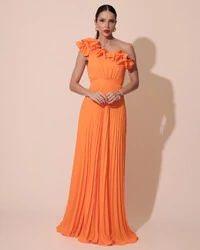 Vestido de Festa um Ombro Só Flor Saia Plissado Laranja