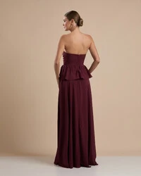 Vestido de Festa Longo Crepe Chiffon Tomara que Caia Peplum Drapeado Marsala