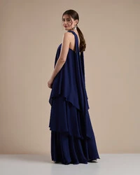 Vestido de Festa Longo Chiffon Crepe em Camadas com Lenço Azul Marinho