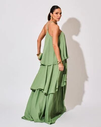 Vestido Longo Babado em Camadas Verde Claro