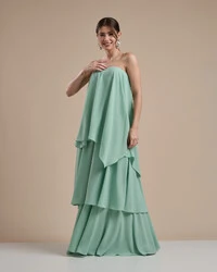 Vestido de Festa Longo Chiffon Crepe em Camadas com Lenço Verde Menta