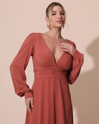 Vestido de Festa Manga Longa com Cintura Drapeada Decote V Terracota