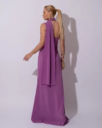 Vestido de Festa Longo Crepe Chiffon Um Ombro Só Drapeado Lenço Fixo Fúcsia