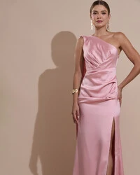 Vestido de Festa Longo Cetim Alfaiataria Um Ombro Só Drapeado com Lenço Rose Gold