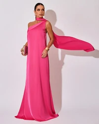 Vestido de Festa Longo Cetim Fluido Um Ombro Só Lenço Fixo Pink