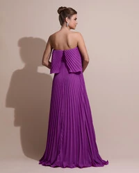 Vestido de Festa Longo Crepe Chiffon Tomara que Caia Plissado com Babado Cascata Fúcsia