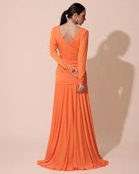 Vestido de Festa Longo Malha Degagê Drapeado Manga Longa Laranja