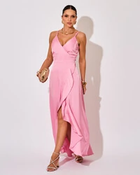 Vestido Midi Babado Acetinado Rosa