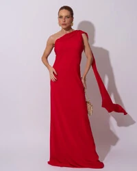 Vestido de Festa Longo Crepe Chiffon Um Ombro Só Drapeado Lenço Fixo Vermelho