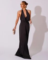 Vestido de Festa Longo Frente Única Degagê Cetim Fluido Preto