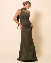 Vestido de Festa Longo Alafataria Um Ombro Só Detalhe Drapeado Verde Oliva New