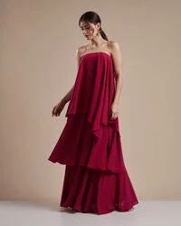 Vestido de Festa Longo Chiffon Crepe em Camadas com Lenço Cereja