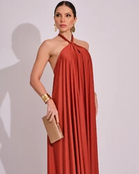 Vestido Longo com Amarração em Malha Terracota