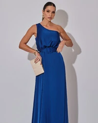 Vestido Longo um Ombro com Busto Blousê e Fenda Azul Royal