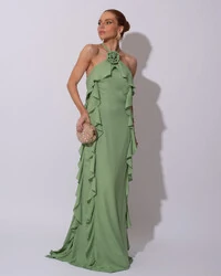 Vestido de Festa Longo Crepe Chiffon Frente Única Babados Cascata e Flor Verde Matcha