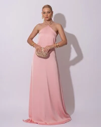 Vestido Longo de Cetim com Decote Triangular e Amarração nas Costas Degagê Rose Gold