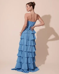 Vestido Longo Crepe Chiffon Tomara que Caia Plissado em Camadas Azul Atlantis