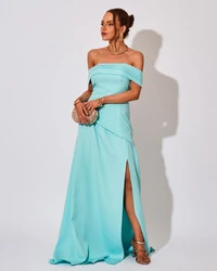 Vestido de Festa Longo Alfaiataria Ombro a Ombro Drapeado com Fenda Tiffany